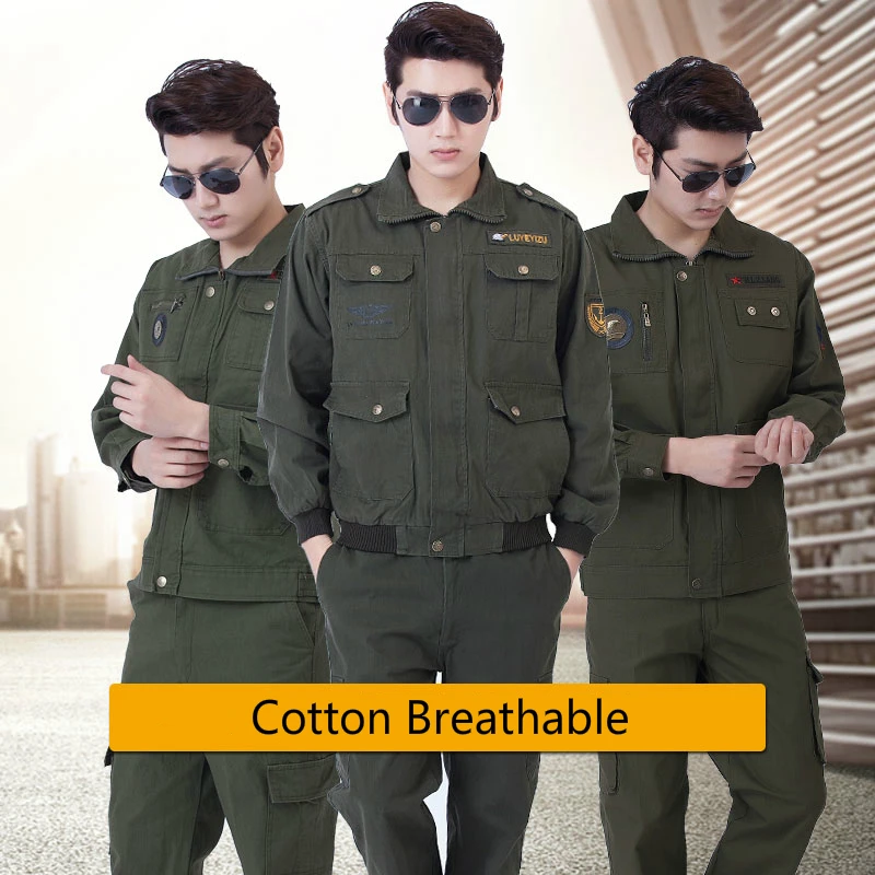 2 Pieces Solid Army Green Suit Set Spring Welding Workwear Suit Men Labor Insurance Pure Cotton Thicken Wear-Resistant Clothing