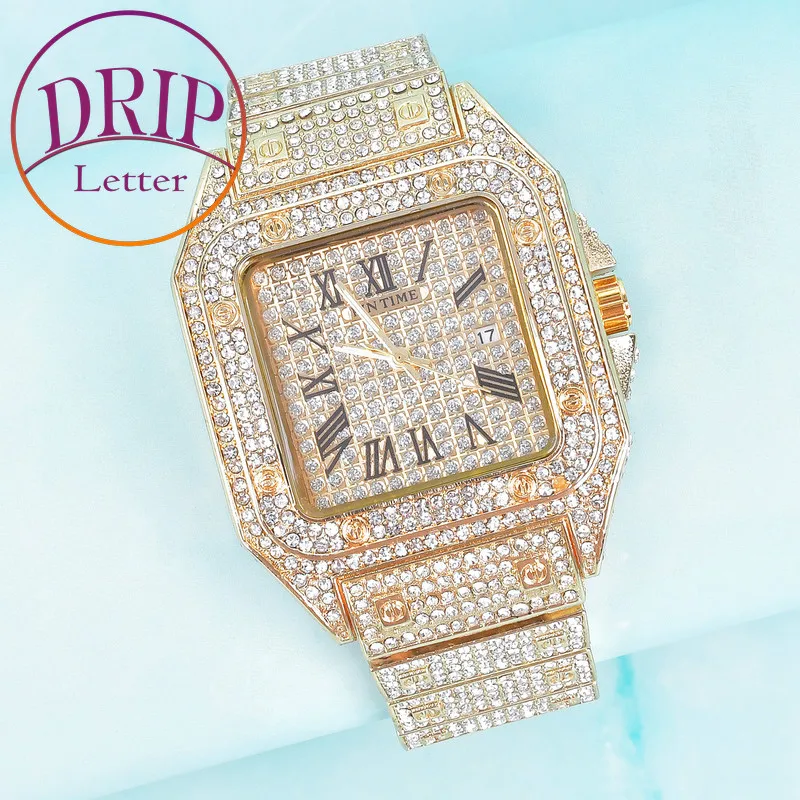 Drip Letter Big Gold Color  Watch for Men Military Quartz Clock Luxury Rhinestone Business Waterproof Hip Hop Fashion Jewelry