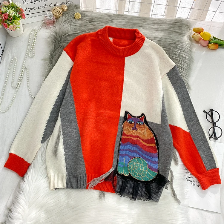 Korobov 2020 Autumn Winter Japanese Women Sweater Korean Sweet Hit Color Sueter Mujer Vintage O Neck Long Sleeve Harajuku Jumper