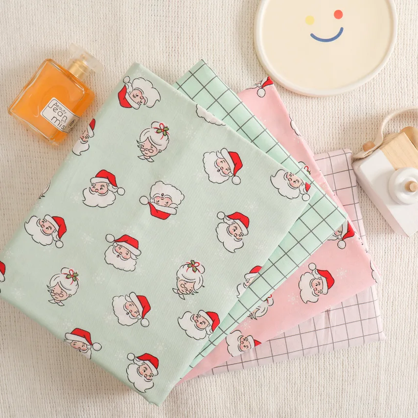 Christmas Snowman Twill Cotton Fabric, Printed Light Green and Pink, Making Home Decoration, Gift Wrap Cloth, 160x50cm