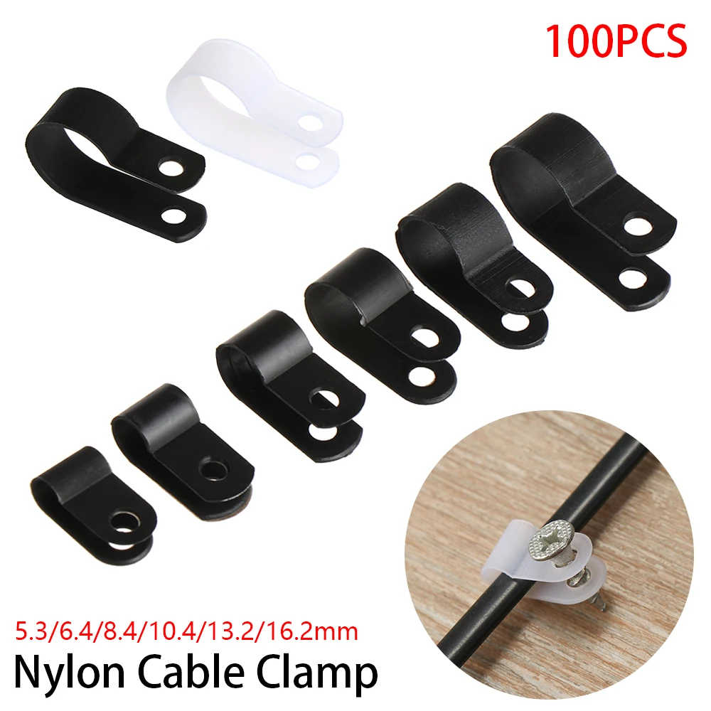 100PCS R-Type Nylon Cable Clamp Plastic P Clips Black Nylon Fasteners Cable Mounting Fix Hardware Electrical Fittings