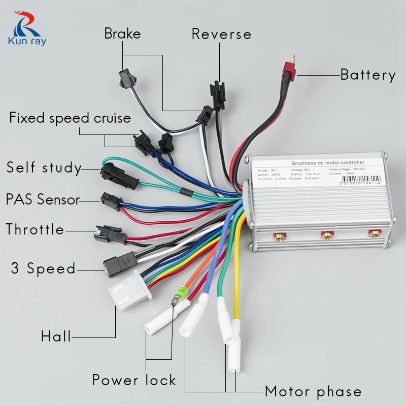 Electric Bicycle BLDC Motor Brushless Speed Controller 250W 350W 24V 36V 48V DC With Hall E-Brake Sensor Reverse 13A 6Mosfet
