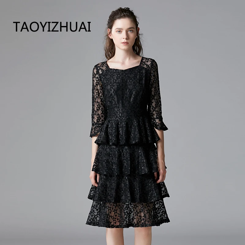 

TAOYIZHUAI autumn new arrival casual style women cake dress plus size patchwork knee length flare sleeve party dress 14340