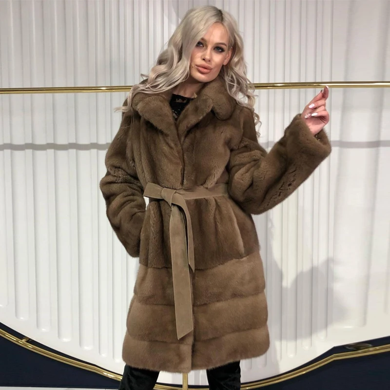 BFFUR Fashion Real Fur Coat Women Mink Fur High Quality Luxury Middle Length Natural Genuine Hooded Mink Coat with Belt