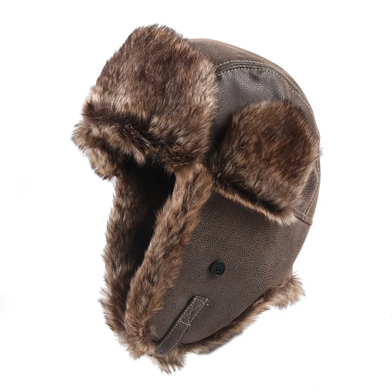 Russian Men\'s Winter Hat With Earflaps Ushanka 2024 Warm Pu Leather Earflap Bomber Hats Faux Fur Snow Cap Aviator Trapper Caps