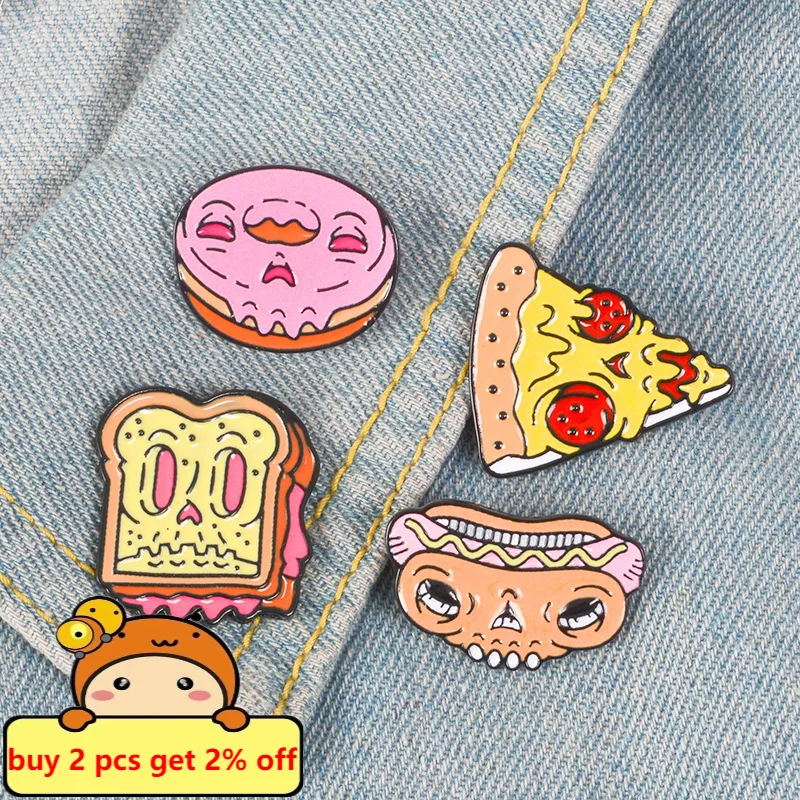 Cartoon Food Enamel Pins Pizza Hot Dog Sandwich Toast Donut Brooch Bag Clothes Lapel Pin Badge Jewelry Gift for Kids Friends