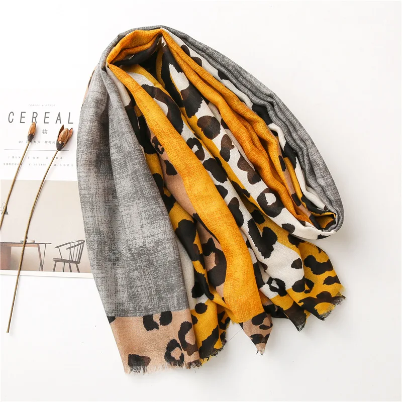 Women Autumn Winter Viscose Shawl Yellow Leopard Patchwork Pashmina Stole Wrap Thick Echarpe Foulard Femme Muslim Hijab 180*90Cm