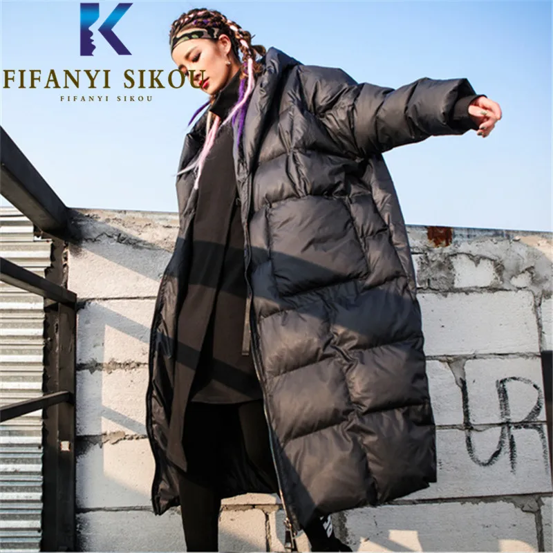 

Oversized Women Winter Jacket Long Parka Pocket Batwing Sleeve Fashion Hooded Down Jackets Thick Warm Loose Cotton Coat Female