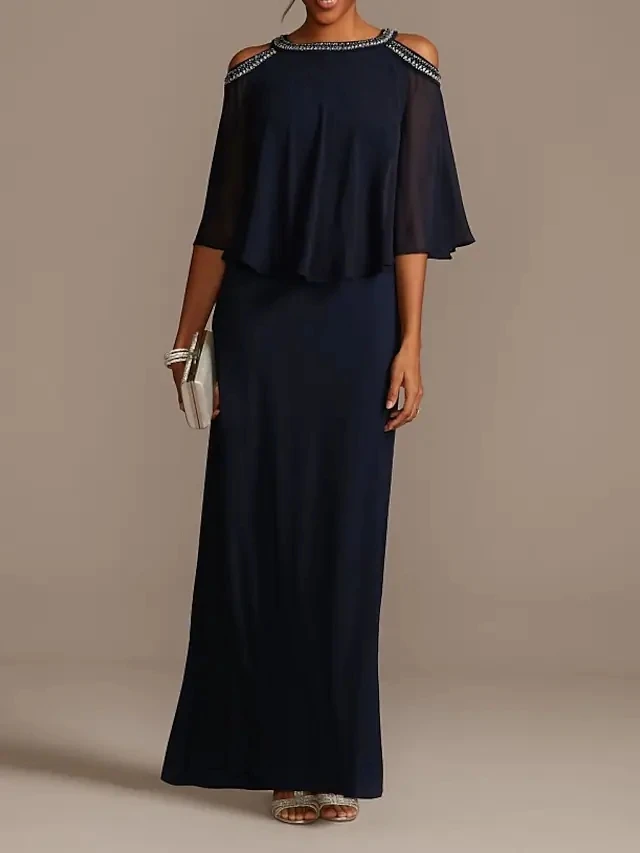 Robe De soirée élégante en mousseline De soie, bleu marine foncé, épaules dénudées, perles, demi-manches, Robe De bal