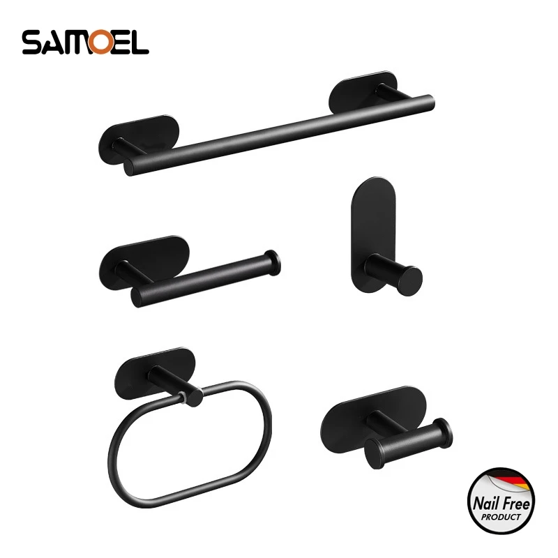 SUS304 No Punching Black Bathroom Hardware Set Towel Bar Rck Toilet Paper Holder Robe Hook Stainless steel Bathroom Accessories