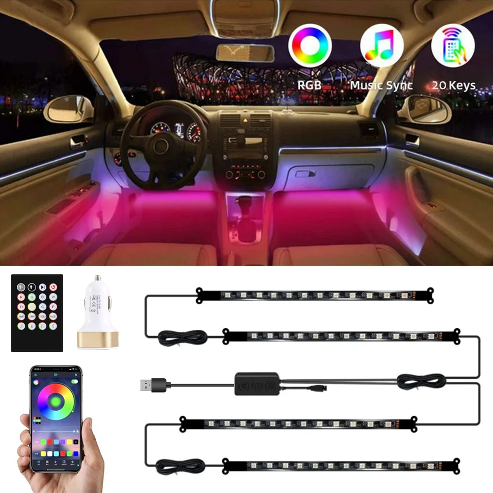 

4pc 48LED Strips Car Interior Lighting USB LED RGB Atmosphere Strip Light 12-24V Ambient Neon Lamp Voice Control Room Decorative