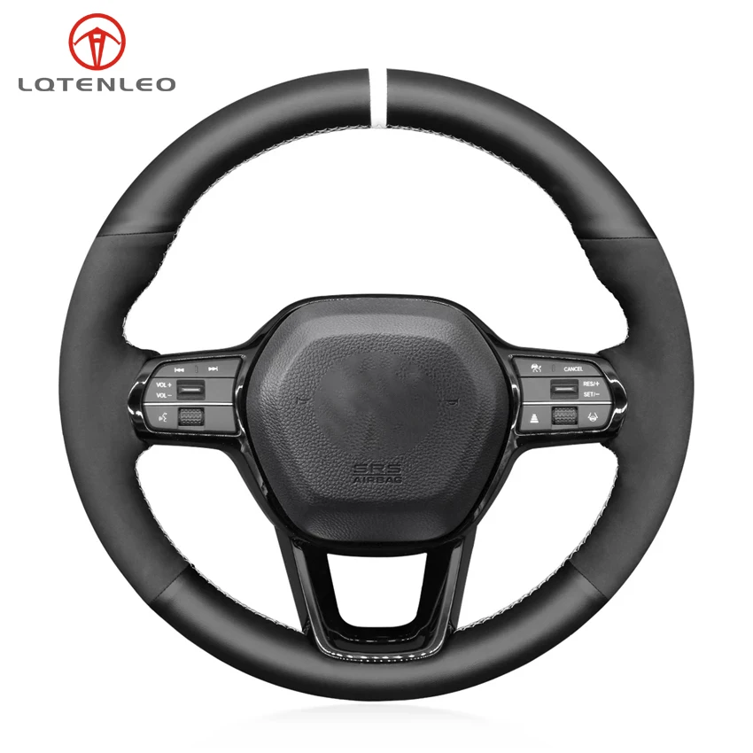 LQTENLEO Black Genuine Leather Suede Hand Sewing Car Steering Wheel Cover For Honda Civic 11 XI 2021-2022