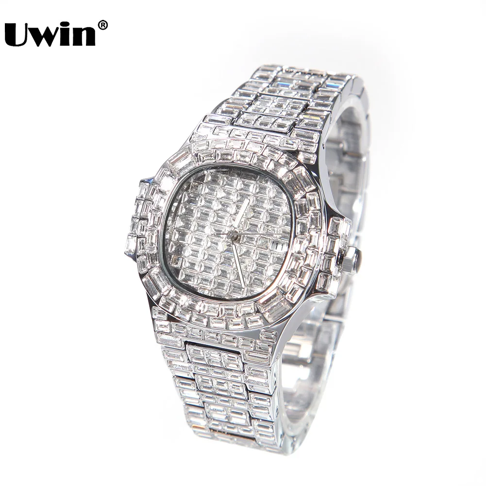 

UWIN Square Dial Watch Full Baguettecz CZ Iced Out Silver Color Quartz Wrist Watches for Men Hip Hop Accessories Drop Shipping