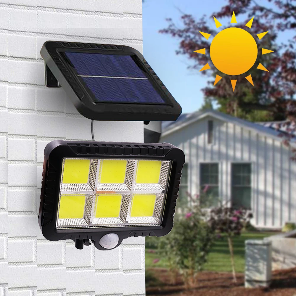 Solar Powered LED Wall Lamp COB 120 LEDs PIR Motion Sensor Light Waterproof Spotlight Street Split Floodlight Decoration