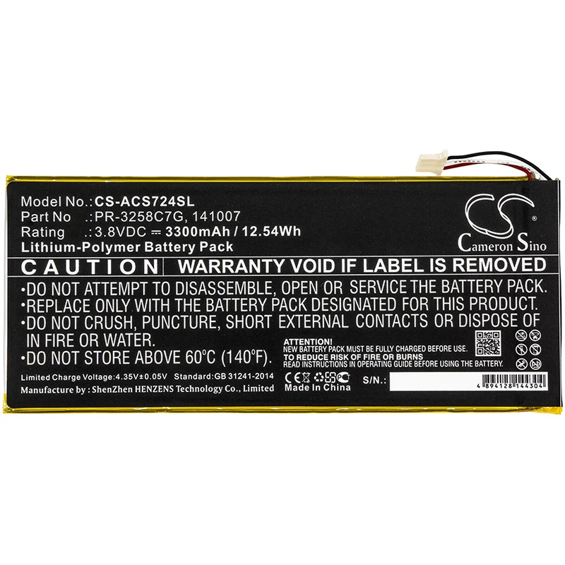 

cameron sino 3300mah battery for ACER A1-734 Iconia Talk S ACER 141007 KT.0010N.001 PR-3258C7G