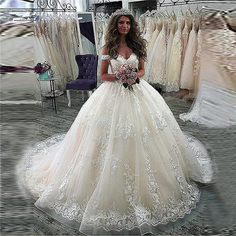 Vestido de novia de encaje sin hombros, de lujo, con apliques, para novia