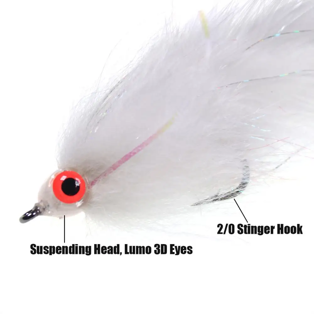 Vampfly 2pcs 2/0 Suspending White Bait Fish Streamer Fly Musky Bass Fishing Fly