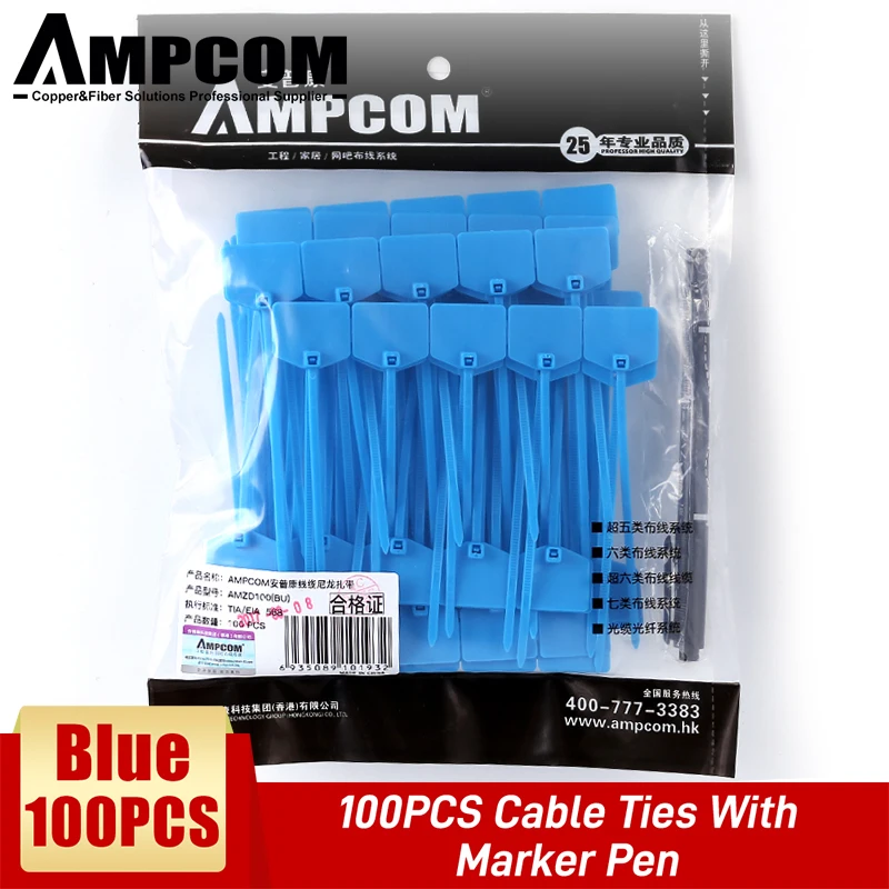 AMPCOM Nylon Kabelbinders met Markering - Beschrijfbaar op Ethernet-kabel |   Zelfvergrendelend |   Gratis afdrukbare etiketten - 4,72 inch, 5 kleuren