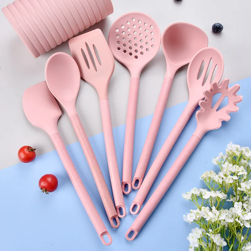 8PCS Pink Silicone Cooking Utensils Non-stick Kitchenware with Spoon Holder Kitchen Accessories Cooking Tools Set for Kitchen