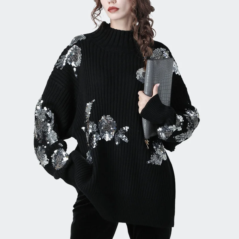 Women Knitted Tops Autumn Winter New Loose Sweaters Pullovers Female Flower Pattern Thick Warm Sweater