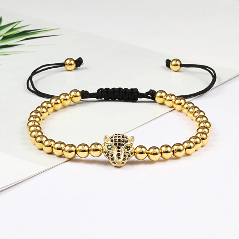 Leopard Head Charm Bracelet 5mm Copper Beads Pave CZ Adjustable Braided Men Bracelets & Bangle for Women Jewelry Pulsera Gifts