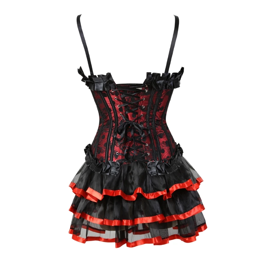 Women Sexy Lace Corset Dress Vintage Print Dot Cup Straps Overbust Corset Bustier Top With Striped Mini Skirt Set Plus Size