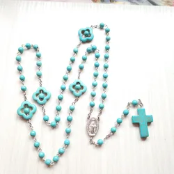 QIGO Blue Stone Long Cross Pendant Rosary Necklace For Women Men Religious Pray Jewelry