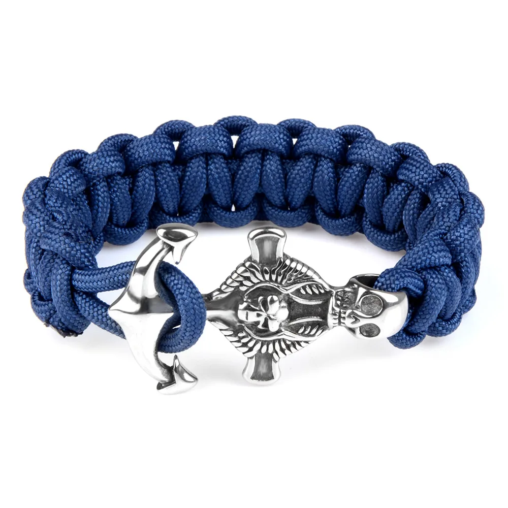 Climbing Rope Men Bracelet Skull Skeleton Head Anchor Stainless Steel Survival Parachute Cord Bangles Accessories For Men