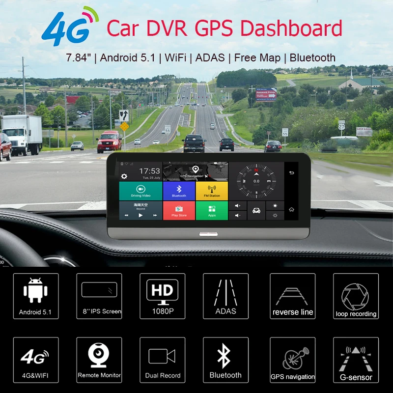 Android 4G ADAS Dash Cam, Navegação GPS, 1080P Espelho Retrovisor, Gravador De Vídeo, Registrar, Câmera Traseira, Monitor De Estacionamento 24H, 7.84"