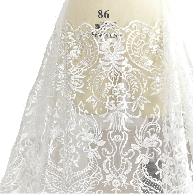 

European Style Sequin Embroidery Mesh Lace Fabric Wedding Handmade DIY Material Dress Decoration Fabric