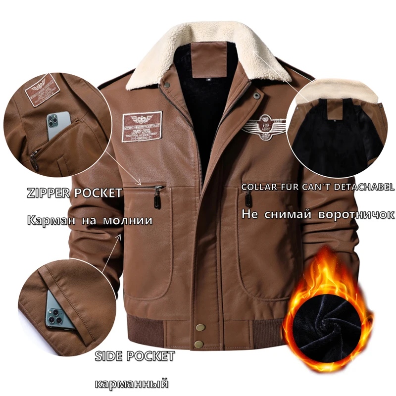 Men\'s Bomber Motorcycle Leather Jacket Vintage Brown Military Flight Coat Winter Fleece Faux Leather Pigskin Plus Size Jaqueta