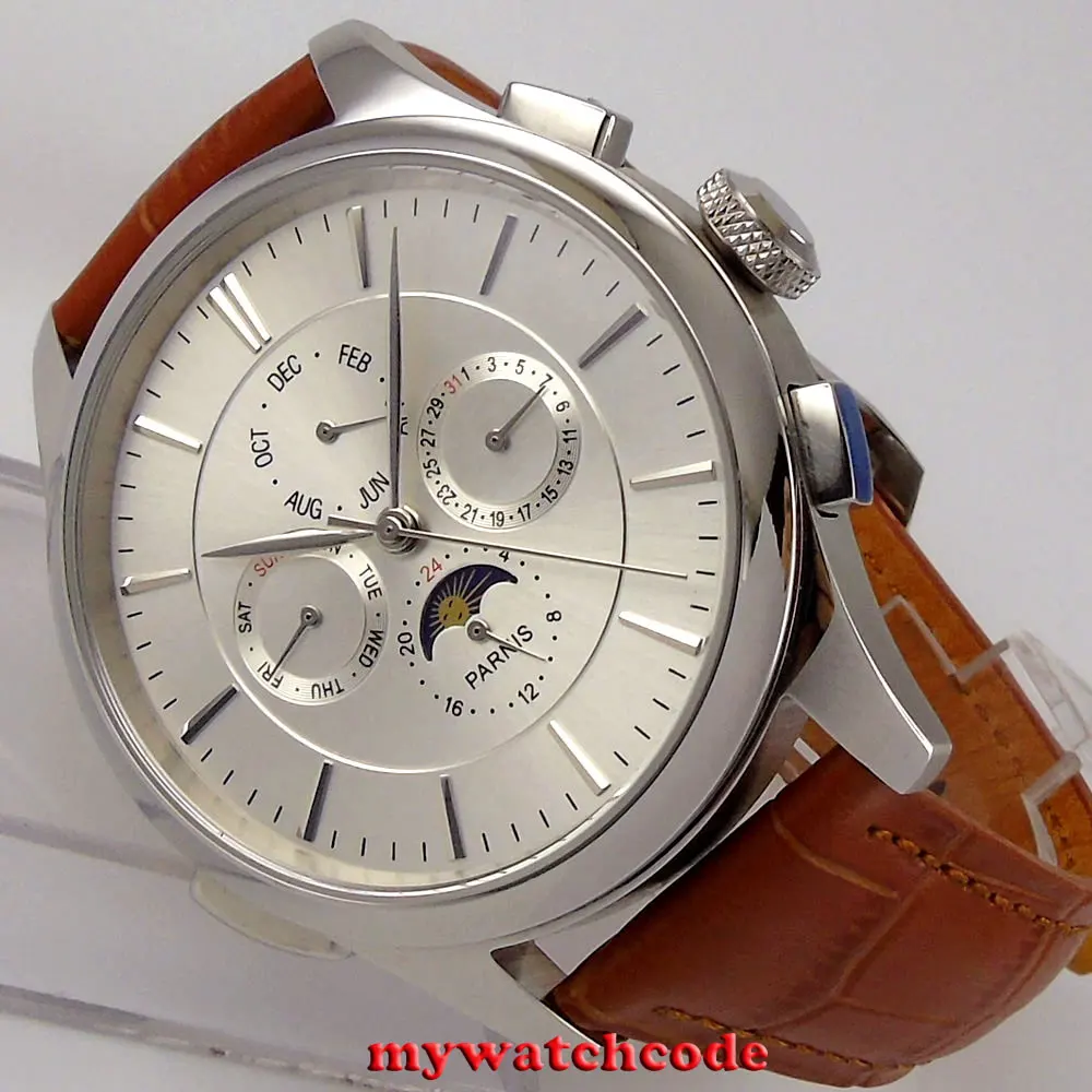 43mm Parnis white dial  Power Reserve Indiactor 316L stainless steel watch case brown leather strap automatic men\'s watch