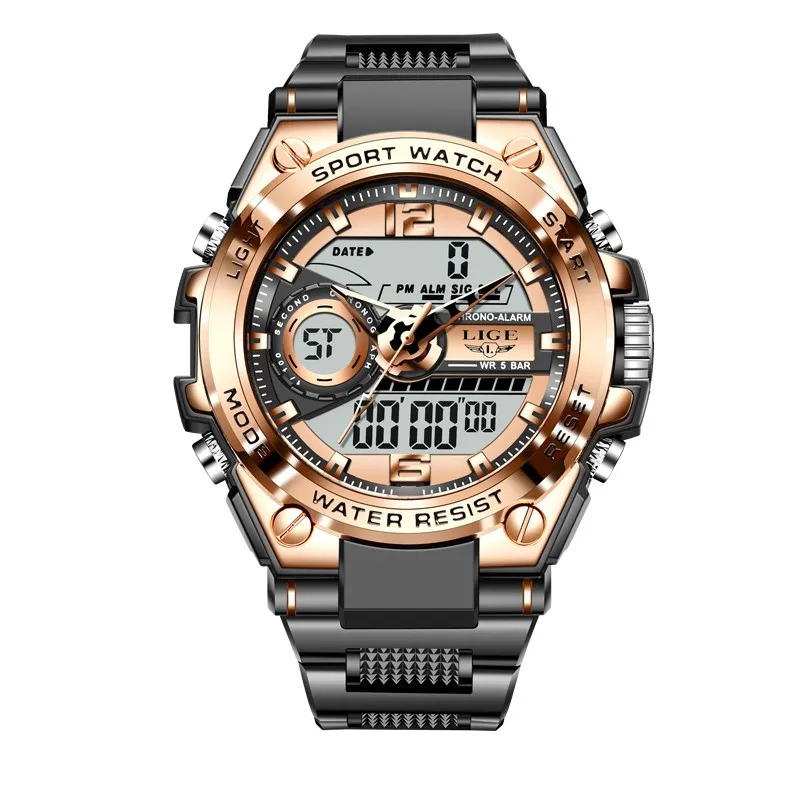 LIGE Digital Men Military Watch 50m Waterproof Wristwatch LED 