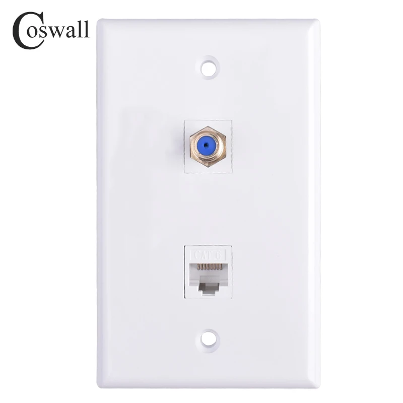 Coswall PC Panel Wall Outlet Coaxial Satellite TV F Head & CAT6 RJ45 Internet Jack + Female to Female HDMI-compatible 2.0