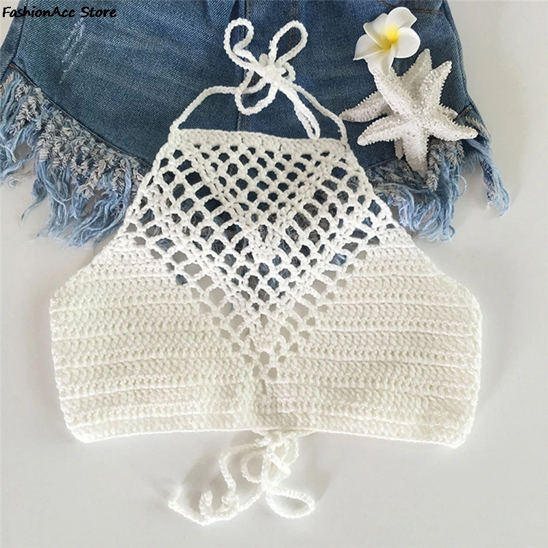 2022 Crochet Knit Bikini Bra Beach Summer Short Vest Sexy Hollow Out Female Swimwear Solid Bikini