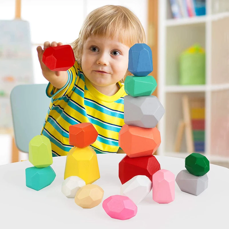 Wooden Rocks Stone Wood Balancing Stacked Baby Building Block Toys Educational Montessori Toys