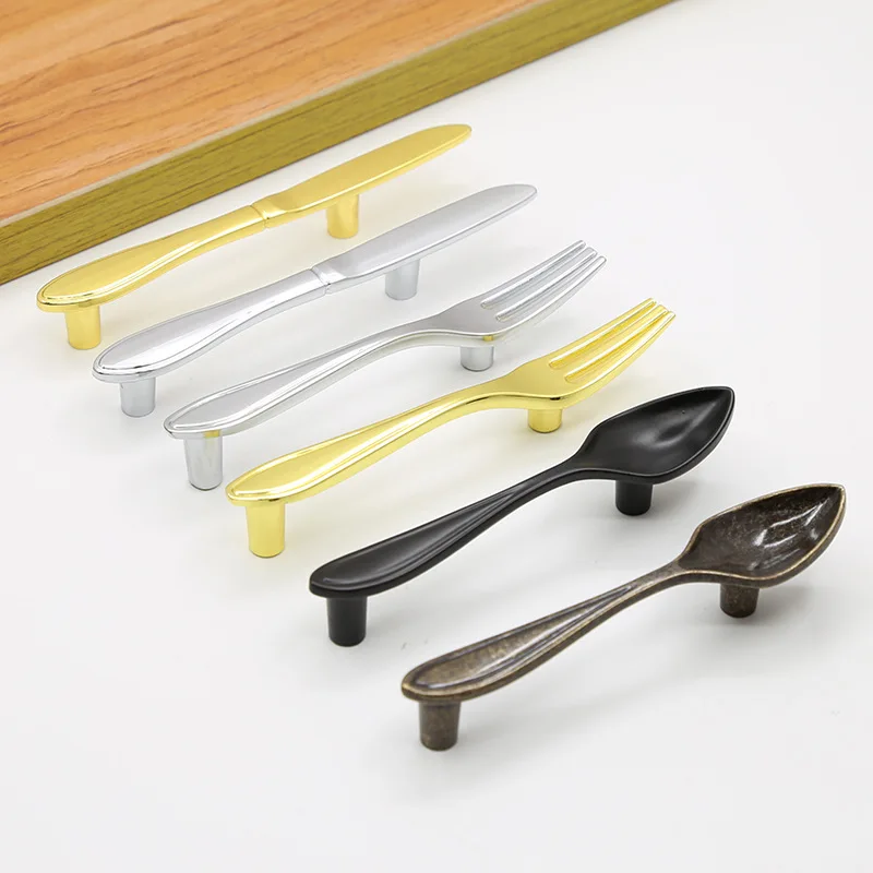 Cutlery Furniture Cabinet Handle Creative  Knife Fork Spoon Black Cupboard Kitchen Knobs Drawer Door Pull 76 Hole Distance