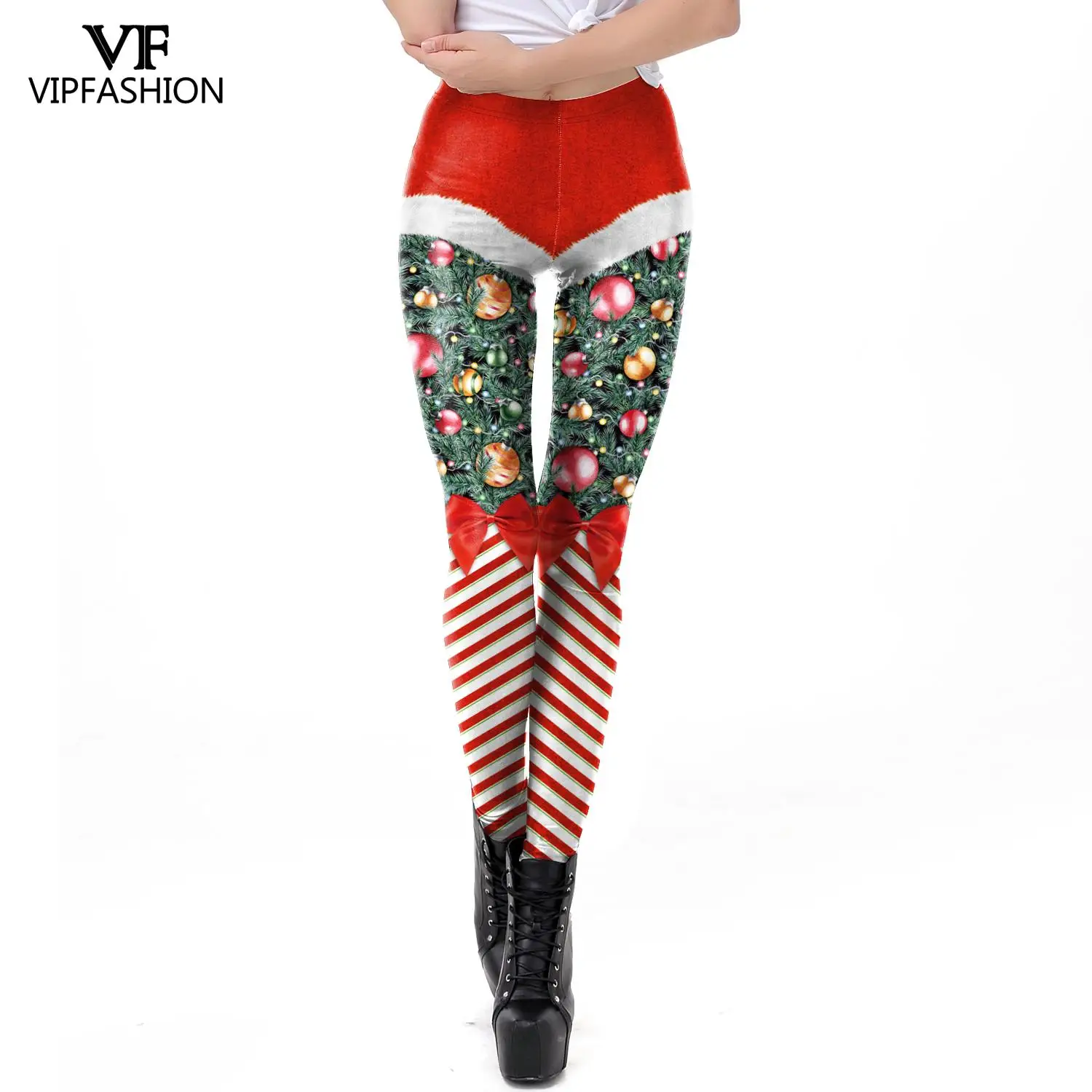 VIP FASHION Christmas Belt Leggings Gift Autumn Winter Festival Legging  Women 3D Stripe Sexy High Waist Skinny Leggins