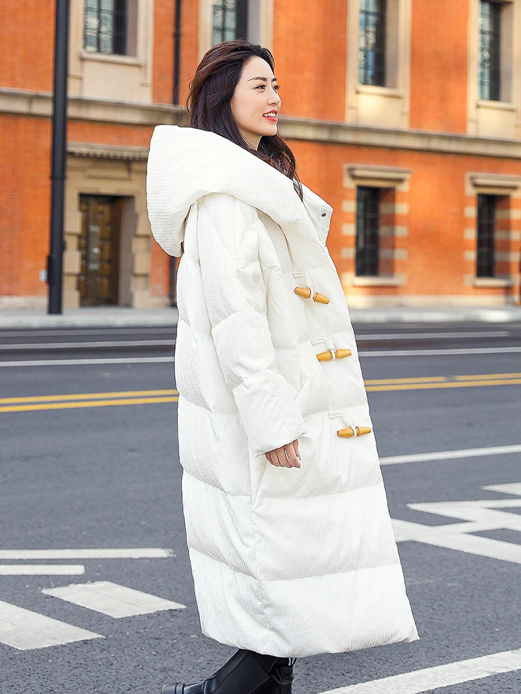 White over-the-knee Longer down jacket women 2021 winter new style Korean horn buckle hooded was thin thick warm coat WY423