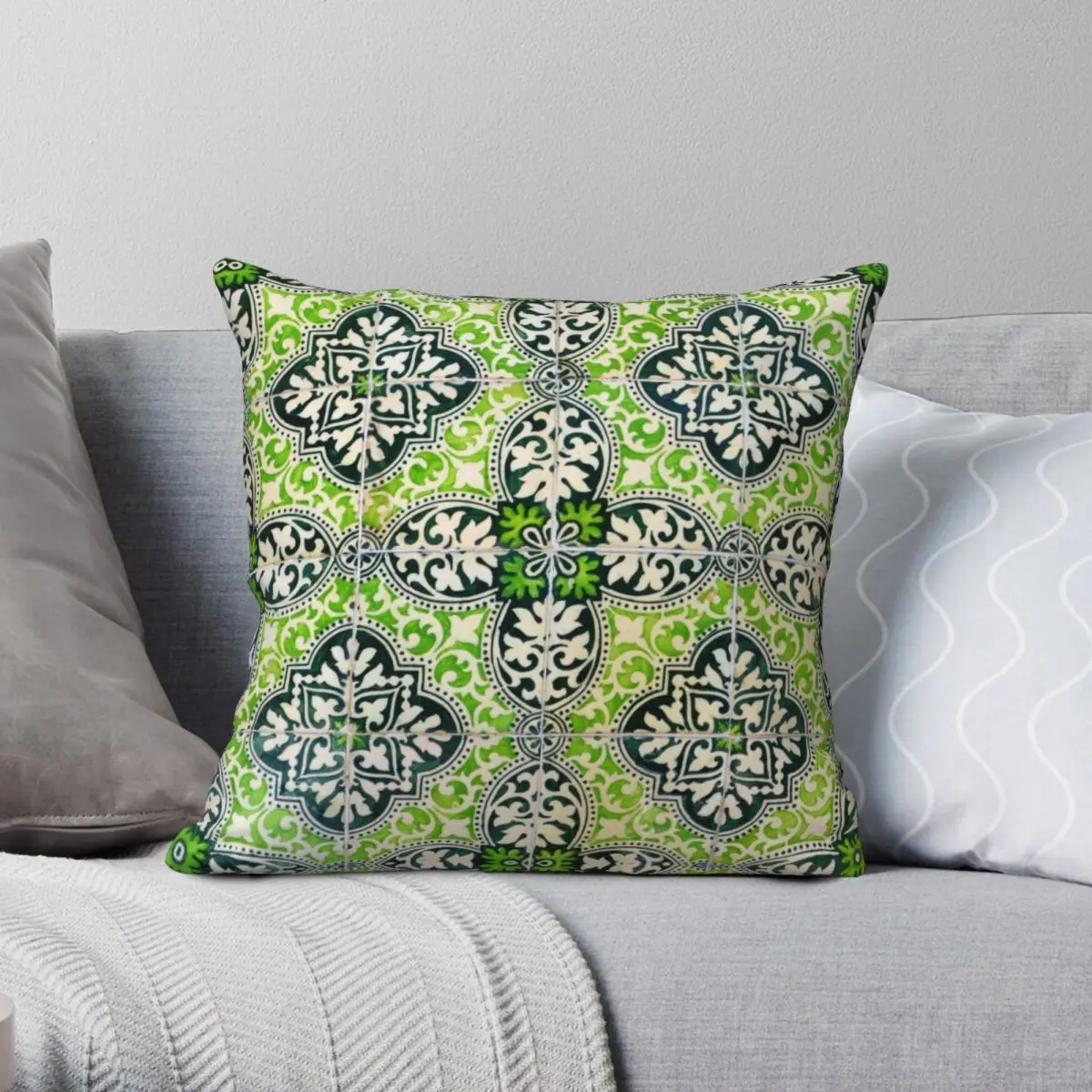 Gorgeous Greens Portuguese Azulejos Pillowcase Polyester Linen Velvet Printed Zip Decorative Pillow Case Sofa Cushion Cover