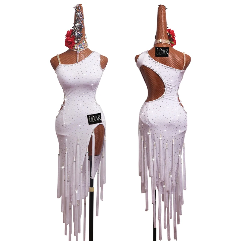 Latin Dance Dress Latin Skirt Competition Costumes Performing Practice Skirt Customize Adult Kids Lady White  Tassel