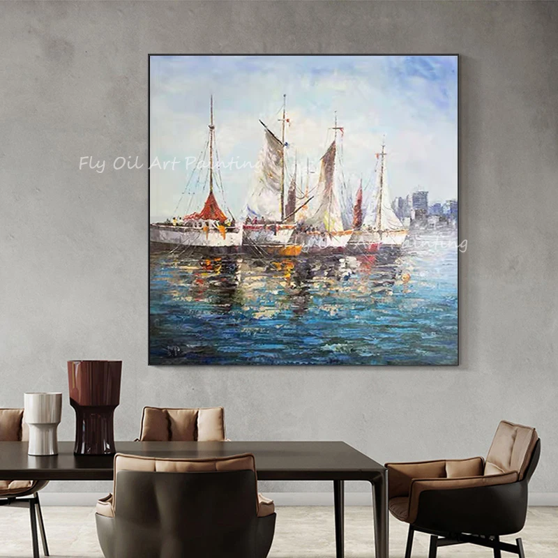 100% hand painted ocean sea boat Oil Painting on Canvas Art Classic Cuadros Decor Posters Nordic Wall Decoration Frameless