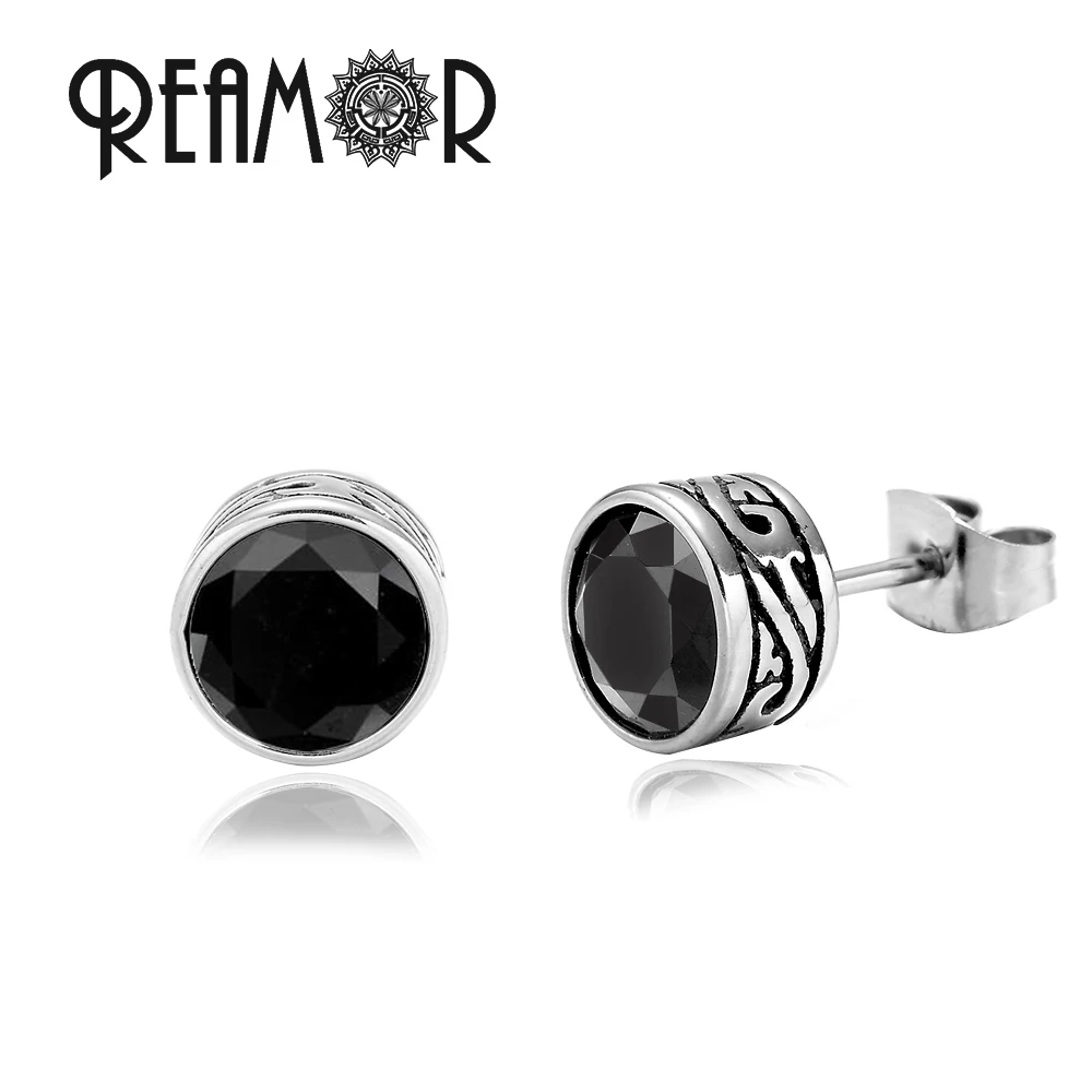 REAMOR Luxury High-quality Zirconia Inlay Stud Earrings For Women Men Simple Stainless steel Round Totem Earring Jewelry 1 Pair