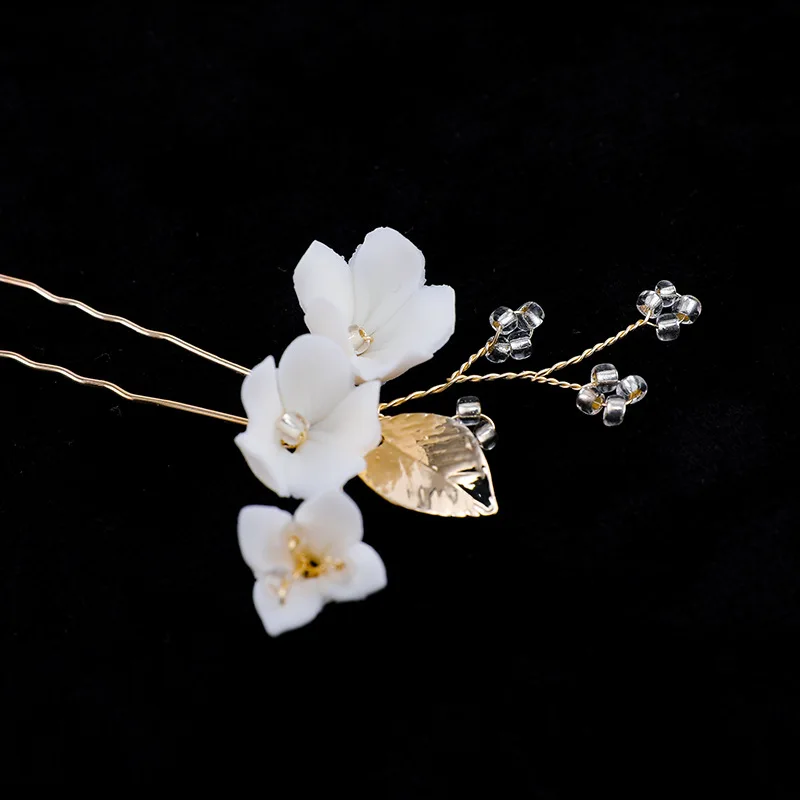 Floralbride Handmade Alloy Leaf Ceramic Flower Pearls Bridal Hair Pin Stickers Set Wedding Hair Accessories Women Hair Jewelry
