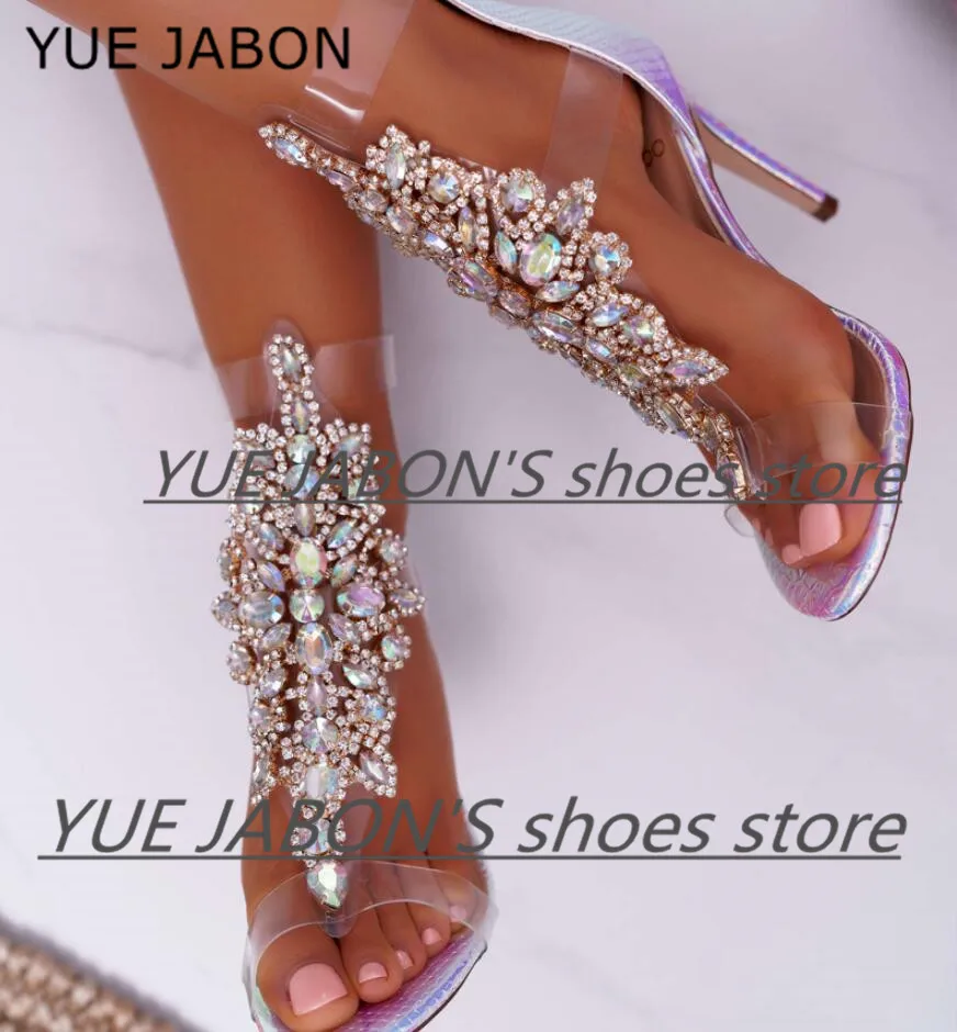 Sexy PVC Transparent Gladiator Sandal Boots Woman Open Toe T-strap Rhinestone Diamond Shoes High Heel Shoes Women Colorful Boots