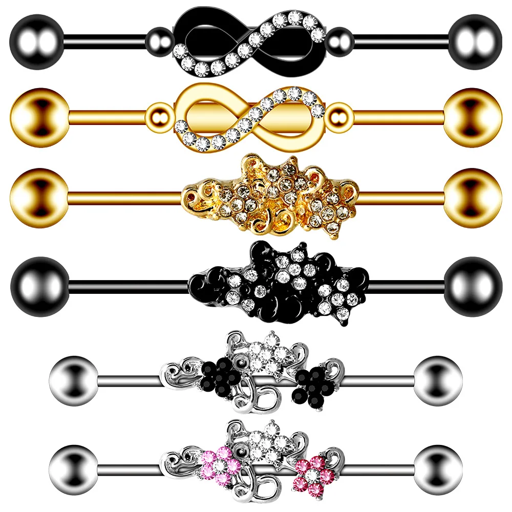 316L Surgical Steel Skull Industrial Barbell Earring Pink Zircon Ear Rings Piercing 14G Helix Piercing Cartilage Body Jewelry