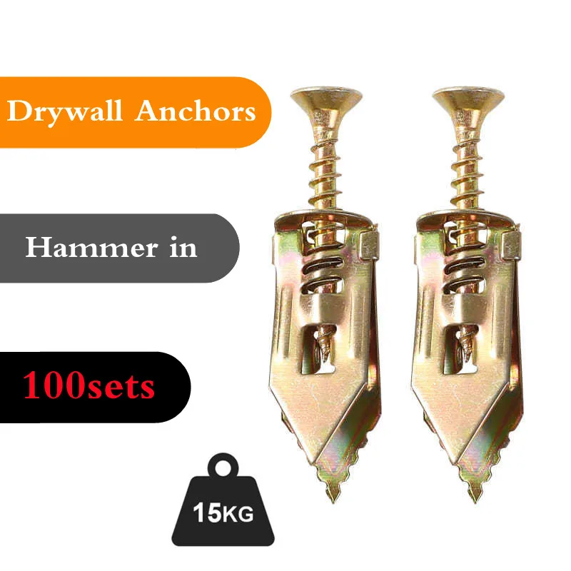 100set Plasterboard Anchor with Screws Home Self Drilling Hammer In Drywall Anchor Kit  for Sheetrock Screw Holes Nail Hand Plad