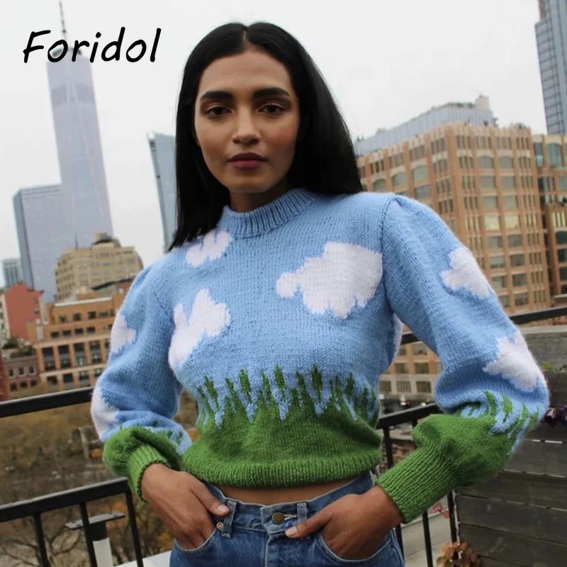 Foridol mohair vintage blue cloud sweater pullovers women lantern sleeve oversized cropped jumper 2024 short casual pull femme