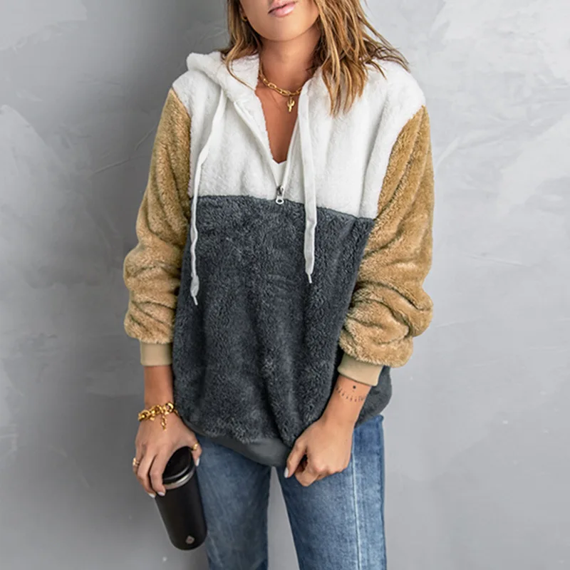 Contrast Color Sweatshirt Women's Autumn and Winter Zipper Half Cardigan Long Sleeve Hooded Sweater Women