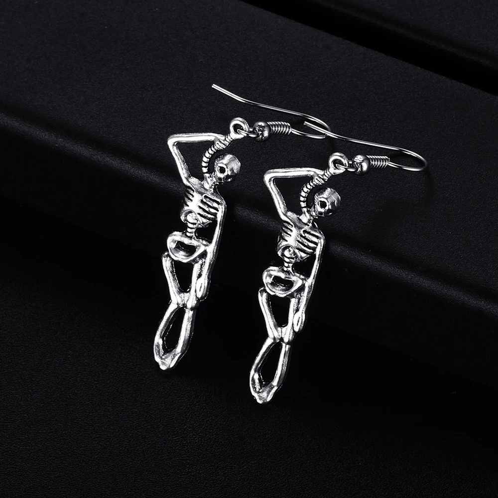 Trendy Vintage Hanging Skeleton Shape Dangle Antique Silver Plated Earrings for Women Girl Retro Drop Earrings Cute Jewelry